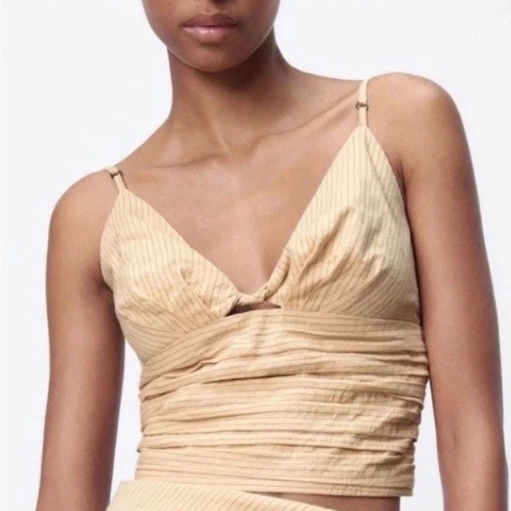 Zara Women’s Cropped Smocked Tank Top S Pinstripe Boho Summer Romantic Pleated